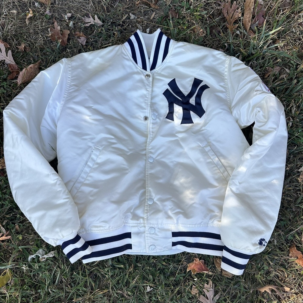 Vintage 80s New York Yankees Starter White Satin Bomber Jacket RARE World Series